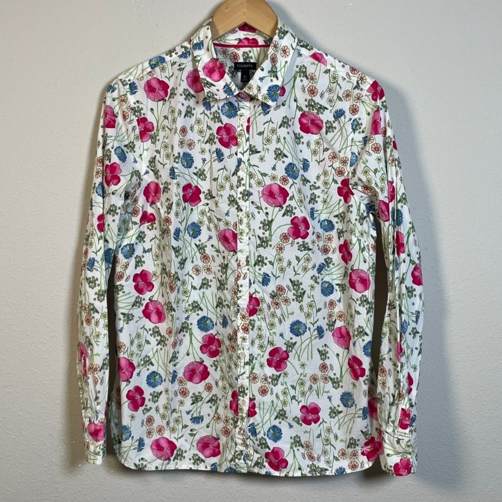 Talbots Floral Button Down Shirt Women 16 White Pink Cotton Long Sleeve Casual